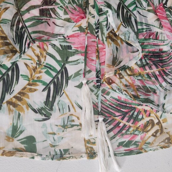 Nine West Sheer Kimono Cardigan Tropical Print Pom-Pom Cover-Up Drawstring O/S - Picture 7 of 11